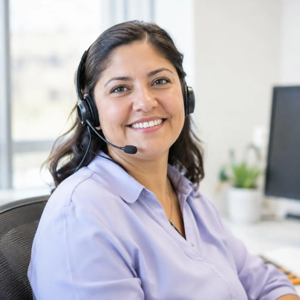 Bilingual advisor wearing a headset, smiling at her desk