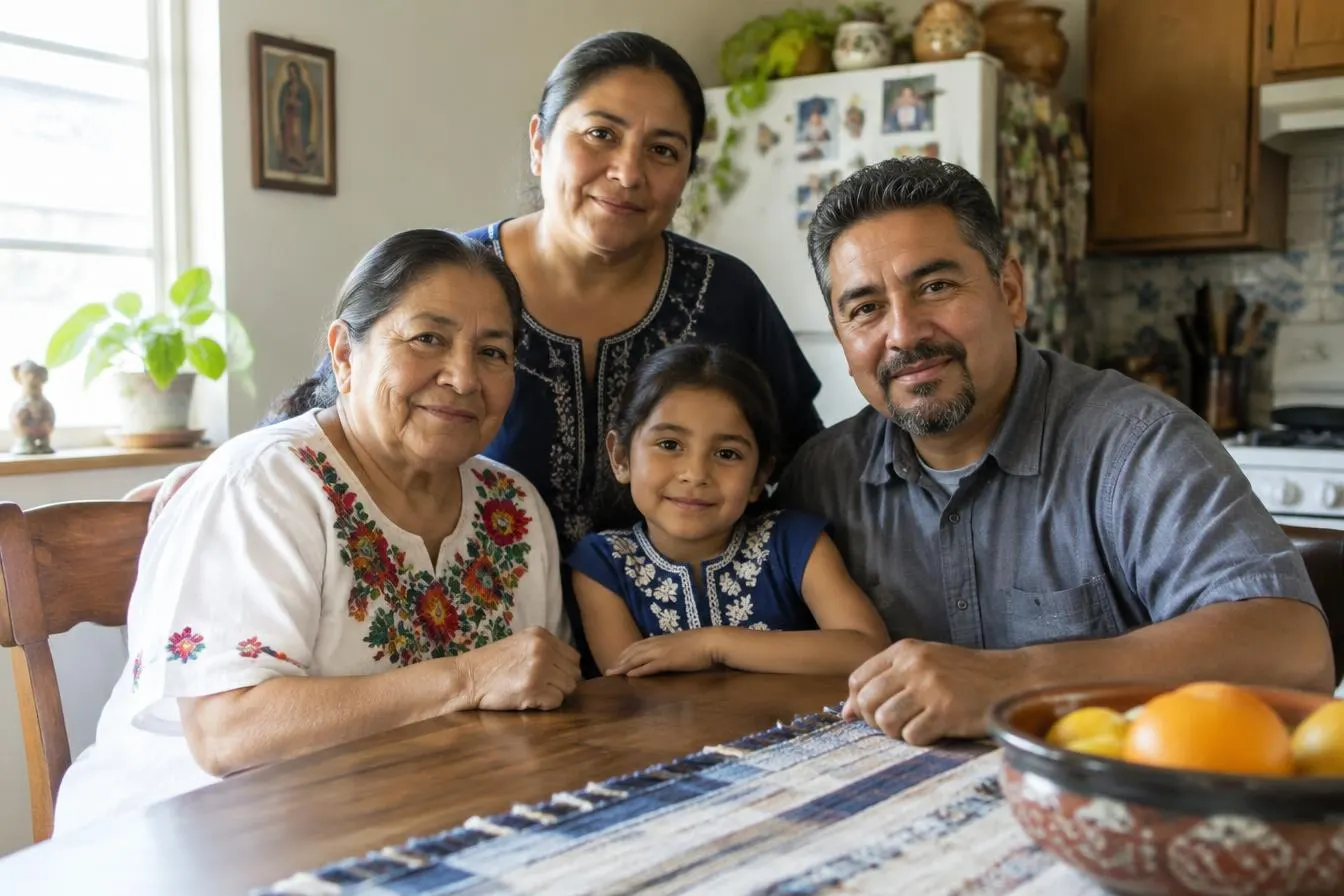 Three-generation Latino family smiling around the kitchen table