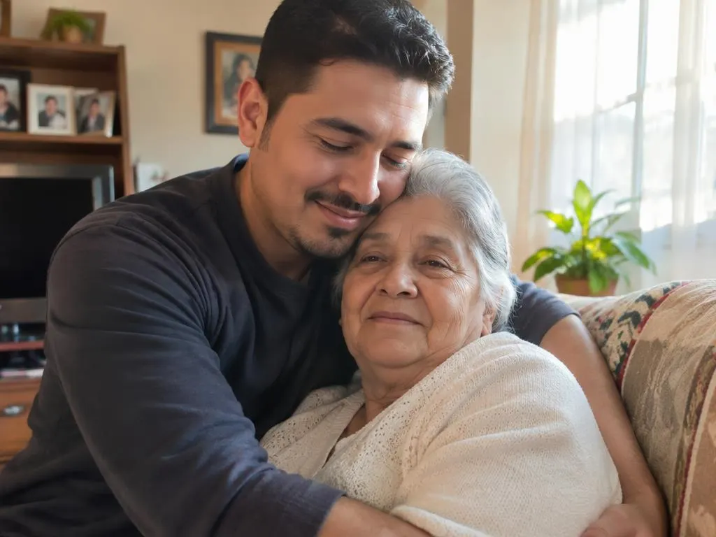 Son hugging his elderly mother in their living room